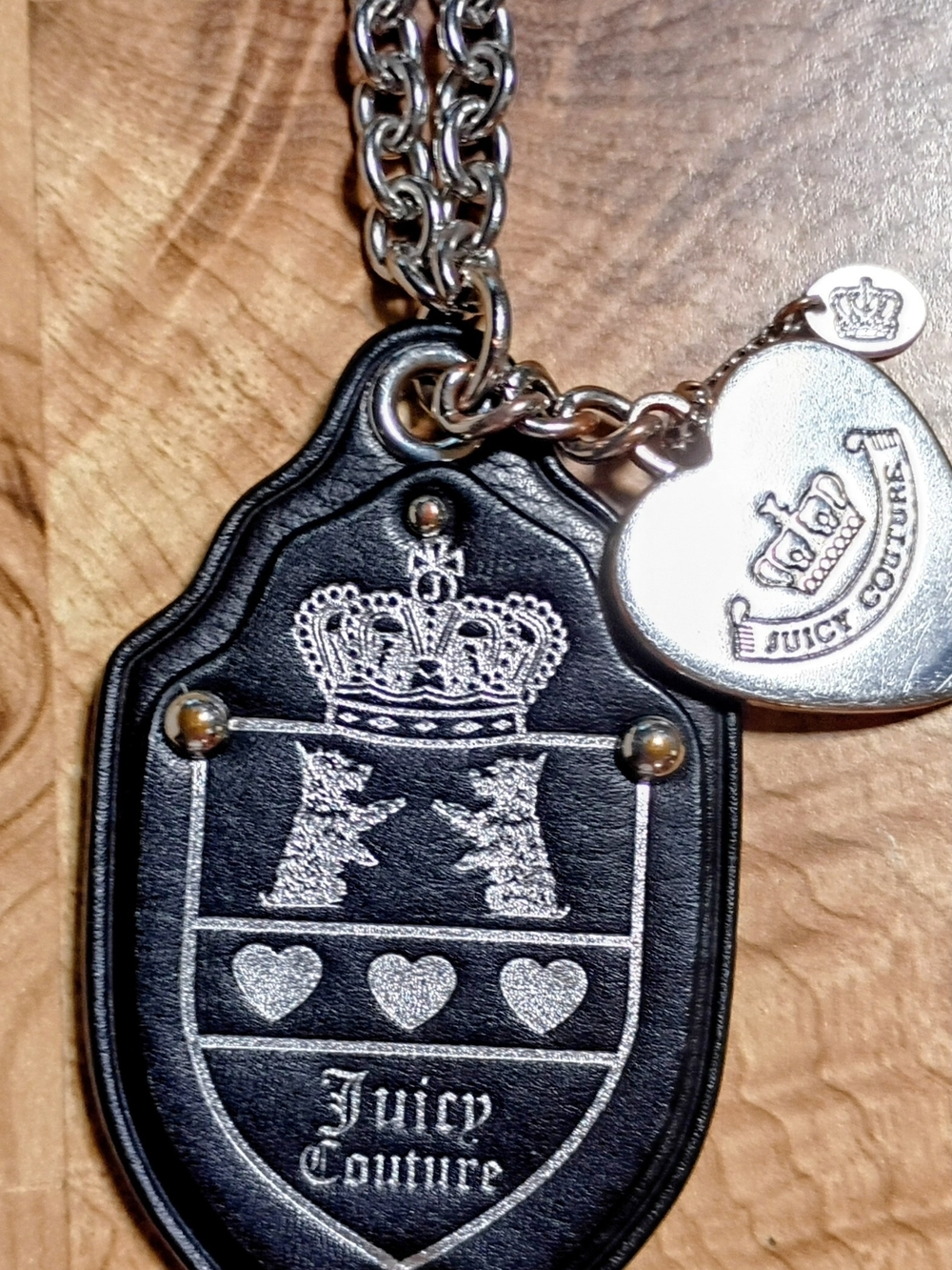 Vintage Y2K Juicy Couture Black Leather Crest with Silver Heart Bag Charm